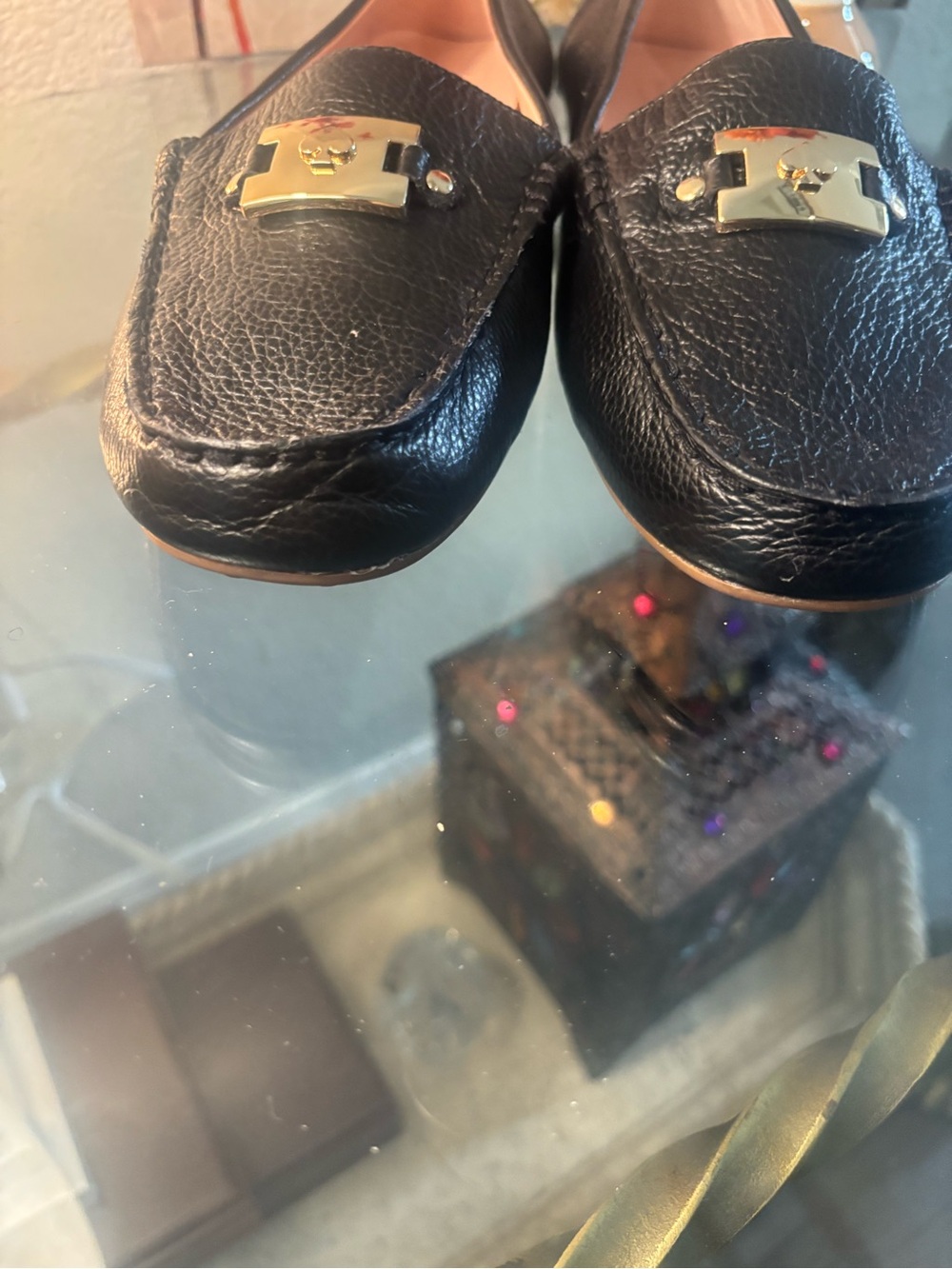 kate spade Black Leather Loafers with Gold Plaque Accent - Picture 2 of 7